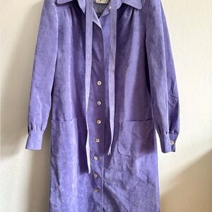 Vintage Lavender Purple Car Coat Tie Sash Belt Pearl Opal Buttons Like Suede